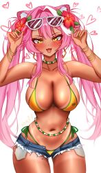 1girl alternate_skin_color animal_ear_fluff animal_ears bare_shoulders bead_choker beads bikini bikini_under_clothes bikini_under_shorts blush bracelet brazilian_flag brazilian_flag_print brazilian_miku brazilian_miku_(cosplay) breasts cleavage cosplay cutoffs dark-skinned_female dark_skin denim denim_shorts earrings eyeshadow eyewear_on_head flag_print flower green_nails green_trim hair_flower hair_intakes hair_ornament hatsune_miku highres hololive hololive_english jewelry large_breasts long_hair looking_at_viewer lowleg lowleg_shorts makeup meowmaffura multicolored_hair multiple_bracelets nail_polish navel open_mouth panther_ears panther_girl panther_tail pink_eyeshadow pink_hair raora_panthera rectangular_earrings shorts shorts_tan simple_background smile solo streaked_hair sunglasses swimsuit tail tan tanline tanline_peek twintails virtual_youtuber vocaloid white-framed_eyewear white_background white_hair yellow_eyes yellow_nails