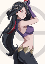 1girl arms_up ass bare_shoulders black_hair breasts crop_top elbow_gloves from_side gloves grin halterneck highres holding holding_poke_ball large_breasts legs long_hair looking_at_viewer lucy_(pokemon) midriff multicolored_hair nintendo pants parted_lips poke_ball poke_ball_(basic) poke_ball_theme pokemon pokemon_emerald pokemon_rse red_eyes red_hair seductive_gaze seductive_smile sideboob simple_background smile solo streaked_hair thighs tsurime v-shaped_eyebrows very_long_hair vivivoovoo