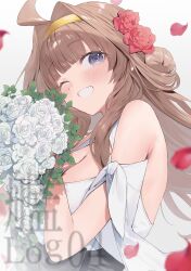1girl ahoge blurry bouquet breasts brown_hair cleavage cleavage_cutout clothing_cutout depth_of_field double_bun dress flower gold_hairband grin hair_bun hairband highres kantai_collection kongou_(anniversary)_(kancolle) kongou_(kancolle) long_hair medium_breasts official_alternate_costume one_eye_closed petals picoli1313 purple_eyes rose smile solo upper_body white_background white_dress white_flower white_rose