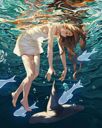 1girl air_bubble artist_logo barefoot breasts brown_hair bubble closed_eyes closed_mouth dated earrings facing_down fish floating floating_hair full_body ghost grey_hat hat hat_ribbon highres jewelry logo long_hair original ribbon ripples see-through_clothes sideboob simz solo underwater unworn_hat unworn_headwear white_negligee witch_hat