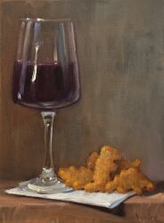 alcohol chicken_nuggets commentary cup dinosaur drink drinking_glass english_commentary food_focus highres napkin no_humans noah_verrier oil_painting_(medium) original painting_(medium) signature table traditional_media wine wine_glass wooden_table