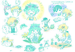 1girl 3boys animal_ears aubrey_(faraway)_(omori) aubrey_(omori) barefoot basil_(faraway)_(omori) basil_(headspace)_(omori) basil_(omori) black_eyes black_hair blonde_hair blue_hairband blue_overalls blush brown_footwear chiikawa closed_eyes closed_mouth colored_skin expressionless flower food fruit gardening green_hair hair_flower hair_ornament hairband head_wreath highres looking_at_another multiple_boys omoli_(omori) omori omori_(omori) open_mouth overall_shorts overalls person_and_furrification pink_hair plant potted_plant rabbit_boy rabbit_ears rabbit_tail shirt short_hair short_sleeves smile something_(omori) speech_bubble sprout_mole squatting suikawari sun_iiinu sunny_(omori) sweatdrop t-shirt tail translation_request trowel watermelon white_skin yellow_shirt zzz