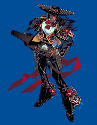 1boy black_hair black_jacket blue_background bone_in_mouth commentary_request cowboy cowboy_western cropped_jacket edarow full_body guitar_case hand_on_own_hip hat holster holstered instrument_case jacket long_hair looking_at_viewer male_focus mouth_hold muscular muscular_male original red_eyes shirt simple_background solo sombrero taut_clothes western white_shirt