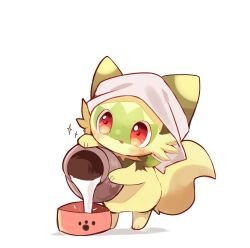 Rule 34 | :3, :p, blush, highres, milk, nintendo, no humans, pokemon, pokemon (creature), pouring, red eyes, simple background, solo, sprigatito, standing, tongue, tongue out, white background, yupo 0322
