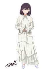 Rule 34 | 1girl, 365 days to the wedding, absurdres, artist name, black hair, commentary, frilled nightgown, full body, highres, honjouji rika, light smile, looking at viewer, multicolored hair, nightgown, own hands together, pink eyes, pleated sleeves, purple footwear, ribbon, scooll, simple background, sleeves past wrists, solo, standing, streaked hair, white background, white nightgown, white ribbon