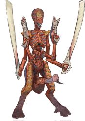 alien biomechanical extra_arms gun highres holding holding_gun holding_sword holding_weapon monster mossacannibalis no_humans standing stinger sword tyranid tyranid_warrior warhammer_40k weapon white_background