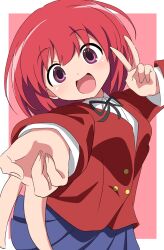 1girl blazer blue_skirt border collared_shirt commentary cowboy_shot double_v dress_shirt gyaru_v highres jacket kushieda_minori oohashi_high_school_uniform pink_background pleated_skirt purple_eyes red_hair red_jacket school_uniform shirt short_hair silky_(silky_illust) skirt solo toradora! two-tone_background v white_border white_shirt