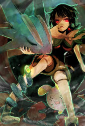 :o anklet belt black_hair black_shirt boots cloak cocoloco earrings gen_3_pokemon glowing glowing_eyes grey_footwear grey_shorts grey_thighhighs jewelry nintendo open_mouth over-kneehighs pokemon pokemon_oras red_belt red_eyes rope_belt salamence shirt short_shorts shorts standing thighhighs whismur zinnia_(pokemon)