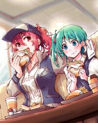 2girls alternate_hairstyle breasts burger eating flat_cap food green_eyes green_hair hat high_ponytail highres holding holding_food jacket kitsune_maru long_sleeves multiple_girls onozuka_komachi open_clothes open_jacket ponytail puffy_long_sleeves puffy_sleeves red_eyes red_hair shiki_eiki side_ponytail touhou