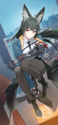 1girl absurdres animal_ears arm_out_of_sleeve black_boots black_gloves black_hair black_necktie black_pantyhose black_skirt boots breasts closed_mouth collared_shirt commentary dutch_angle eucha fingerless_gloves fox_ears fox_girl full_body gauntlets gloves high_heel_boots high_heels highres hoshimi_miyabi id_card jacket long_hair looking_at_viewer md5_mismatch medium_breasts necktie outdoors pantyhose red_eyes scabbard sheath shirt single_fingerless_glove single_gauntlet sitting skirt solo white_shirt wind zenless_zone_zero