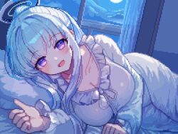 1girl bed bedroom blue_archive blush breasts cleavage collarbone dress frilled_pajamas frills grey_hair halo indoors large_breasts long_hair long_sleeves looking_at_viewer lying mechanical_halo nightgown noa_(blue_archive) noa_(pajamas)_(blue_archive) official_alternate_costume on_bed on_side open_mouth pajamas pillow pixel_art ponytail purple_eyes sleepwear smile solo tinia_etru white_dress white_nightgown white_pajamas