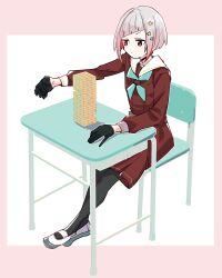 1girl aqua_neckerchief aqua_shoes black_choker black_gloves black_pantyhose bob_cut border brown_dress chair choker closed_mouth colored_inner_hair commentary desk diagonal_bangs dot_mouth dress full_body gloves grey_hair hair_ornament half_gloves hasu_no_sora_school_uniform highres inverted_bob jenga jitome kanduki_kamibukuro link!_like!_love_live! long_sleeves looking_at_object love_live! mary_janes medium_dress multicolored_hair multicolored_shoes neckerchief on_chair outline outside_border pantyhose pink_border pleated_dress red_eyes red_hair sailor_collar sailor_dress school_chair school_desk school_uniform shoes short_hair simple_background sitting solo star_(symbol) star_hair_ornament streaked_hair two-tone_shoes uwabaki v-shaped_eyebrows virtual_youtuber white_background white_outline white_sailor_collar white_shoes winter_uniform yugiri_tsuzuri