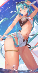 1girl absurdres adapted_costume adjusting_eyewear aqua_eyes aqua_hair arched_back bare_arms bikini bikini_under_shorts bird blue_sky breasts cloud commentary_request contrapposto double_bun eyewear_on_head fisheye flag goodsmile_racing hair_bun hatsune_miku highleg highleg_bikini highres holding holding_flag inubangarou jewelry lens_flare long_hair looking_at_viewer medium_breasts midriff multicolored_bikini narrow_waist navel ocean one_eye_closed racing_miku racing_miku_(2023) racing_miku_(2023_tropical_ver.) scrunchie sea_spray seagull short_shorts shorts sky smile solo sparkle sunglasses swimsuit tan thick_thighs thighlet thighs toned toned_female tongue tongue_out twintails two-tone_bikini very_long_hair vocaloid wading water_drop wavy_mouth white_shorts wrist_scrunchie