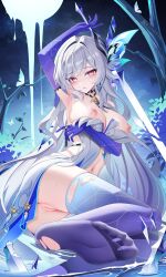 1girl absurdres anus arm_under_breasts armpits ass blush breasts censored dress feet genshin_impact gloves gradient_gloves gradient_thighhighs highres holding holding_sword holding_weapon jndfh large_breasts long_hair looking_at_viewer mosaic_censoring navel night night_sky nipples no_shoes open_mouth parted_lips purple_gloves purple_thighhighs pussy sitting skirk_(genshin_impact) sky solo stomach sword thighhighs weapon white_dress white_hair yokozuwari