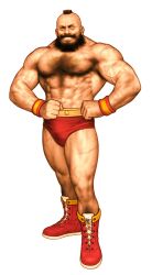 1boy abs absurdres beard boots brown_hair capcom_vs_snk facial_hair flexing full_beard full_body game_cg grin highres leg_hair male_focus mohawk mori_toshiaki muscular muscular_male navel nipples non-web_source official_art pectorals raised_eyebrow scar scar_on_leg scar_on_shoulder shredded_muscles smile solo street_fighter thick_chest_hair thick_thighs thighs topless_male veins veiny_arms white_background wrestling_outfit wristband zangief