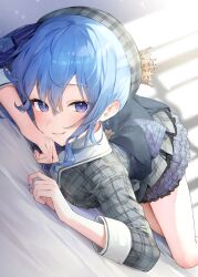 1girl absurdres beret blue_eyes blue_hair blurry blurry_background blush commentary_request crown_hair_ornament frilled_skirt frills grey_jacket hat highres hololive hoshimachi_suisei hoshimachi_suisei_(1st_costume) izumi_kei jacket looking_at_viewer lying on_stomach plaid_clothes plaid_hat plaid_jacket plaid_skirt revision side_ponytail skirt smile solo star_(symbol) star_in_eye symbol_in_eye three-quarter_sleeves virtual_youtuber
