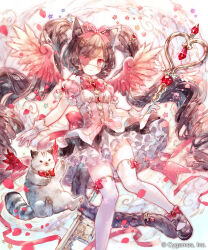 1girl animal_ears arm_cuffs bow brown_hair buller_(shingeki_no_bahamut) cat cat_ears cat_girl commentary copyright_notice cross-laced_clothes cross-laced_dress cygames dress eyepatch gloves hair_bow highres holding holding_staff jewelry layered_skirt long_hair onineko pleated_skirt red_bow red_eyes red_wings shingeki_no_bahamut sidelocks skirt staff two_side_up very_long_hair white_gloves wings