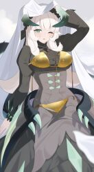 Rule 34 | 1girl, bad id, bad twitter id, bikini, black dress, black wings, blanket, blonde hair, blush, breasts, chamber dragonmaid, cowboy shot, dragon girl, dragon horns, dragon tail, dragon wings, dress, duel monster, gold bikini, green eyes, green hoodie, heichi, highres, hood, hoodie, horns, large breasts, low wings, maid, maid headdress, one eye closed, solo, swimsuit, tail, wings, yu-gi-oh!