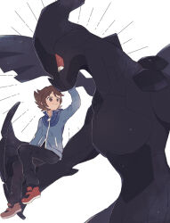 1boy arm_up black_pants blue_jacket brown_eyes brown_hair closed_mouth commentary game_freak gen_5_pokemon highres hilbert_(pokemon) hime_(himetya105) jacket legendary_pokemon male_focus nintendo pants pokemon pokemon_(creature) pokemon_bw red_footwear shoes smile white_background zekrom zipper_pull_tab