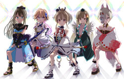 5girls absurdres animal_ears armor bad_link black_hair character_mask dancing fox_girl grey_hair highres hori_yuko idolmaster idolmaster_cinderella_girls japanese_armor japanese_clothes katana kimono long_hair mask miko multiple_girls multiple_tails ninomiya_asuka orange_hair ponytail samurai shibuya_rin shiomi_syuko short_hair sword tail weapon yorita_yoshino yukkop_ajan
