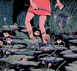 1girl blue_hair bud choo dripping flower grass highres holding_net horror_(theme) lily_pad lotus lotus_leaf lower_body medium_hair net original pleated_skirt pond red_skirt reflection reflective_water severed_head skirt solo wading water wet wet_hair white_flower