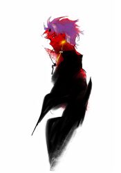 1boy artistguillotine black_jacket closed_mouth colored_skin cropped_torso earrings expressionless from_side glint highres jacket jewelry male_focus purple_hair red_eyes red_skin saibou_shinkyoku short_hair simple_background solo theodore_riddle white_background
