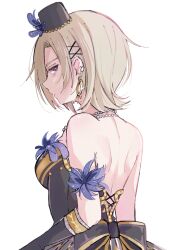 Rule 34 | 1girl, back bow, backless dress, backless outfit, bead necklace, beads, black bow, black dress, black hat, blonde hair, bow, breasts, commentary request, dress, ear piercing, earrings, elbow gloves, from behind, gloves, hat, highres, i&#039;m still...(love live!), jewelry, looking at viewer, love live!, love live! nijigasaki high school idol club, medium breasts, mia taylor, mini hat, necklace, notyu maru, piercing, purple eyes, short hair, sidelocks, solo, upper body, white background