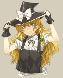 1girl alternate_eye_color bad_tag black_vest blonde_hair blue_eyes bow braid fingerless_gloves gloves hair_bow hat hat_bow highres kirisame_marisa long_hair looking_at_viewer mizuryu_kei side_braid simple_background single_braid smile solo touhou vest white_bow witch_hat