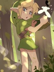 1boy ass ass_focus blonde_hair blue_eyes blurry blurry_background commentary_request forest green_shorts highres link male_focus nature navi nintendo outdoors pointy_ears short_sleeves shorts shota solo suikaels the_legend_of_zelda the_legend_of_zelda:_ocarina_of_time young_link