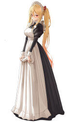1girl blonde_hair blush breasts commentary earrings english_commentary eyes_visible_through_hair full_body hair_between_eyes hair_bobbles hair_ornament highres hoop_earrings jewelry juliet_sleeves k_pring large_breasts long_hair long_skirt long_sleeves maid maid_headdress original puffy_sleeves red_eyes simple_background skirt solo twintails very_long_hair white_background