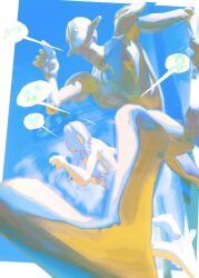 1boy 2others anchor_ornament blue_background bobbles border breasts colored_skin digits dixie_cup_hat foreshortening from_below hat heart higashikata_josuke_(jojolion) highres humanoid_robot jojo_no_kimyou_na_bouken jojolion long_hair looking_at_another military_hat multiple_others no_mouth outside_border paisley_park_(stand) robot soft_&amp;_wet speech_bubble spoken_heart spoken_object stand_(jojo) uu0000322 white_border white_hair white_skin