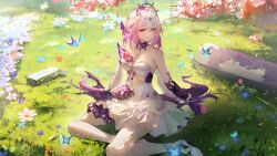 1girl absurdres andoff bare_shoulders blue_butterfly boots breasts bug butterfly castorice_(honkai:_star_rail) cleavage closed_mouth clothing_cutout commentary day dress flower full_body gloves gradient_hair grass hair_between_eyes hair_flower hair_intakes hair_ornament high_heel_boots high_heels highres holding holding_flower honkai:_star_rail honkai_(series) insect long_hair looking_to_the_side low_twintails multicolored_hair navel navel_cutout on_grass on_ground outdoors pink_hair purple_eyes purple_flower purple_gloves shoes sitting solo strapless strapless_dress tiara twintails white_dress white_hair white_shoes yokozuwari
