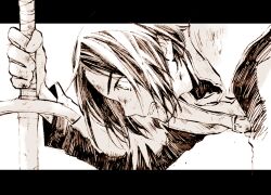 1boy black_border border clenched_teeth commentary_request dirty dirty_clothes dirty_face dragon_quest dragon_quest_xi greyscale hatching_(texture) hero_(dq11) holding holding_sword holding_weapon jacket letterboxed looking_up male_focus medium_hair migii_(tenra_banshou) monochrome planted planted_sword planted_weapon profile solo sword teeth upper_body weapon