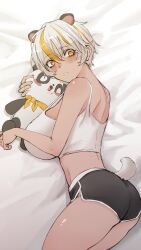 1girl absurdres animal_ears black_shorts blonde_hair blush breasts crop_top highres kkachi_(limkkachi) large_breasts luvdia lying multicolored_hair on_side park_dona short_shorts shorts strap_gap streaked_hair tail tan tank_top virtual_youtuber white_hair white_tank_top yellow_eyes