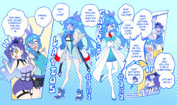 absurdres blue_dress blue_hair braid breast_press breasts changing_room chibi chibi_inset choker cleavage cosplay dialogue_box dress embarrassed gardevoir gen_3_pokemon glasses gloves halter_leotard halterneck high_heels highres jacket large_breasts latios legendary_pokemon leotard medium_breasts multicolored_hair necktie nintendo original pantyhose pokemon ponytail purple_hair rhymewithray see-through_clothes shoes shopping sneakers strapless streaked_hair towel tube_top white_dress wide_hips yellow_eyes yuri
