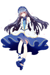 Rule 34 | 1girl, adapted costume, arch bishop (ragnarok online), black hair, blue dress, blue shoes, breasts, buttons, camiruchi, detached sleeves, dress, frilled dress, frills, full body, high heels, highres, layered dress, long hair, looking at viewer, maid headdress, medium breasts, open mouth, ragnarok masters, ragnarok online, red eyes, shoes, simple background, sleeveless, sleeveless dress, smile, solo, two-tone dress, white background, white dress, white sleeves