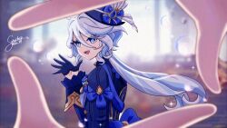 Rule 34 | 1girl, 1other, blue bow, blue eyes, blue gemstone, blue gloves, blue hair, blue hat, blue pupils, bow, commentary request, drop-shaped pupils, from side, furina (genshin impact), gem, genshin impact, gloves, hair between eyes, hand up, hat, hat bow, heterochromia, highres, long hair, long sleeves, looking at viewer, looking to the side, multicolored hair, open mouth, pov, pov hands, signature, streaked hair, symbol-shaped pupils, teeth, tonbofree, twitter username, upper teeth only, very long hair, white hair