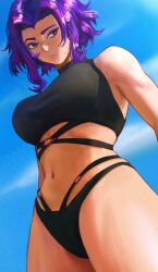 1girl :/ bare_shoulders bikini black_bikini blue_sky boku_no_hero_academia breasts commentary criss-cross_straps english_commentary highres hitomazuk lady_nagant large_breasts looking_to_the_side medium_hair multi-strapped_bikini_bottom multicolored_hair navel parted_bangs pink_hair purple_eyes purple_hair sky solo stomach streaked_hair swimsuit tankini thighs toned toned_female two-tone_hair
