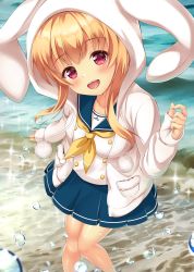 Rule 34 | 1girl, :d, absurdres, animal hood, bad id, bad twitter id, battle girl high school, beach, blonde hair, blush, breasts, bubble, day, female focus, from above, head tilt, highres, hood, knees together feet apart, long sleeves, looking at viewer, medium breasts, neckerchief, ocean, open mouth, outdoors, pinching sleeves, pleated skirt, pom pom (clothes), rabbit hood, red eyes, sand, school uniform, serafuku, sidelocks, skirt, smile, solo, sparkle, watagi michelle, water drop, yellow neckerchief, yuririn poi