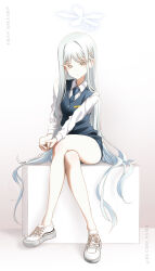 1girl absurdres alternate_costume alternate_eye_color blue_archive blue_necktie blue_skirt blue_vest blush bucho_sama crossed_legs green_eyes highres long_hair looking_at_viewer nagusa_(blue_archive) necktie own_hands_together parted_bangs parted_lips school_uniform shirt shoes sidelocks skirt solo vest white_hair white_shirt white_shoes