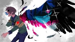 1other black_pants black_shirt blue_hair blue_skin brown_hair collared_shirt colored_skin commentary deltarune feathered_wings feathers green_sweater hashtag-only_commentary highres kris_(dark_world)_(deltarune) kris_(deltarune) open_mouth other_focus pants red_eyes shirt short_hair solo soul_(deltarune) striped_clothes striped_sweater sweater vivionlyart wings
