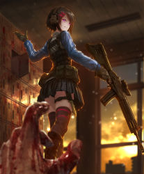 Rule 34 | 1girl, belt pouch, black gloves, black hair, black skirt, black thighhighs, blood, blood on hands, blue jacket, blurry, blurry background, bulletproof vest, commentary request, copyright request, dagger, dying, ear protection, getabako, gloves, glowing, glowing eyes, gun, hair ornament, hairclip, highres, holding, holding gun, holding weapon, indoors, jacket, knife, long sleeves, looking back, miniskirt, muzzle device, plaid clothes, plaid skirt, pleated skirt, pouch, pov, pov hands, purple eyes, rifle, school, school shooting, scope, shaded face, short hair, skirt, smile, sniper rifle, solo focus, thigh strap, thighhighs, tom-neko (zamudo akiyuki), track jacket, trigger discipline, waving, weapon, weapon request