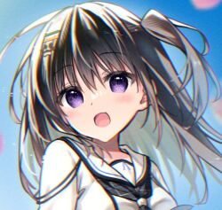Rule 34 | 1girl, :d, black hair, black neckerchief, blue sky, blurry, blurry background, blush, commentary request, cowlick, day, dress, eyes visible through hair, floating hair, hair between eyes, hair ornament, hairclip, happy, indie virtual youtuber, long hair, looking at viewer, neckerchief, one side up, open mouth, original, outdoors, parallel hairclips, purple eyes, sailor collar, school uniform, serafuku, sky, smile, solo, upper body, virtual youtuber, white dress, white sailor collar, yuzuna hiyo, yuzuna hiyo (vtuber)