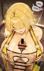 1boy 2girls ahoge bar_censor blonde_hair blush breasts censored cleavage clothing_cutout commentary dorothy_(nikke) dotthebot elegg_(nikke) goddess_of_victory:_nikke grabbing_own_breast hair_intakes hair_over_one_eye heart_cutout highres huge_breasts huge_penis kneeling looking_at_viewer medium_hair messy_hair multiple_girls one-piece_swimsuit open_mouth paizuri penis pink_eyes solo_focus speech_bubble sweat swimsuit thighs veins veiny_penis yellow_one-piece_swimsuit