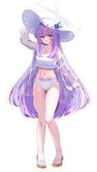 1girl :d arm_at_side atsuko&#039;s_grin_(meme) atsuko_(blue_archive) atsuko_(swimsuit)_(blue_archive) bare_shoulders bikini blue_archive blue_flower blue_rose blush braid collarbone colored_eyelashes commentary_request corrupted_twitter_file curvy diamond_necklace felice_ykr flower full_body grey_halo grin hair_between_eyes hair_down half_up_braid halo hand_up happy hat hat_flower highres jacket jewelry knees_together_feet_apart long_hair long_sleeves looking_at_viewer meme midriff navel necklace official_alternate_costume open_clothes open_jacket open_mouth purple_hair red_eyes rose sandals see-through_clothes see-through_jacket sidelocks simple_background smile solo standing straight_hair sun_hat swimsuit thigh_gap thighs toes tsurime variant_set very_long_hair white_background white_bikini white_hat white_sandals wide_sleeves