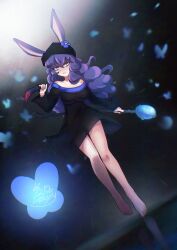 Rule 34 | 1girl, absurdres, animal ears, barefoot, black dress, black headscarf, blue butterfly, blue eyes, boopy (datboopy), breasts, bug, butterfly, closed mouth, commentary, dress, druid rabbit, dutch angle, english commentary, frown, full body, grey background, headscarf, highres, holding, holding knife, holding staff, insect, knife, long hair, looking at viewer, medium breasts, purple hair, rabbit and steel, rabbit ears, rabbit girl, reflection, reflective water, reverse grip, solo, staff, v-shaped eyebrows, water
