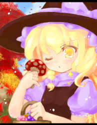 1girl 23 23_(candy_chapus) ;o autumn_leaves basket blonde_hair blush bow braid bush cloud day female_focus flat_chest frills from_side hair_bow hat hat_bow holding kirisame_marisa leaf letterboxed long_hair looking_at_viewer mushroom one_eye_closed open_mouth outdoors puffy_sleeves ribbon_trim side_braid signature sky solo touhou turtleneck witch_hat yellow_eyes