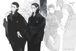1boy asian baldur&#039;s_gate baldur&#039;s_gate_3 black_hair black_kimono cazador_szarr colored_skin dungeons_&amp;_dragons dungeons_&amp;_dragons earrings flower grey_skin hair_slicked_back highres japanese_clothes jewelry kimono long_sleeves male_focus medium_hair monolids multiple_views pointy_ears red_eyes vihua6