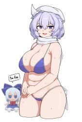 1girl bad_id bad_twitter_id bare_arms bare_legs bare_shoulders bikini blue_bikini blue_eyes blush breasts character_doll cirno cleavage cowboy_shot cropped_legs formicid fumo_(doll) hair_between_eyes hat highres large_breasts letty_whiterock open_mouth purple_hair scarf short_hair simple_background solo swimsuit touhou white_background white_hat white_scarf
