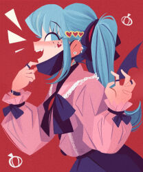 aqua_eyes aqua_hair bandaid bandaid_on_neck barbell_piercing black_mask claw_pose detached_wings ear_piercing emmyluvscookies emphasis_lines facial_mark fangs frilled_shirt frills garlic hair_ornament hatsune_miku heart heart_facial_mark heart_hair_ornament highres industrial_piercing jewelry jirai_kei mask mask_pull mouth_mask no_lineart piercing pink_shirt red_background ring shirt sidelocks vampire vampire_(vocaloid) vocaloid wings